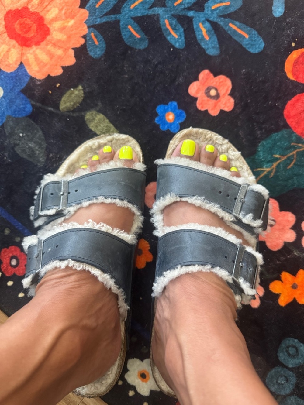 Birkenstock navy blue  Faux-Shearling Double Strap Sandals.